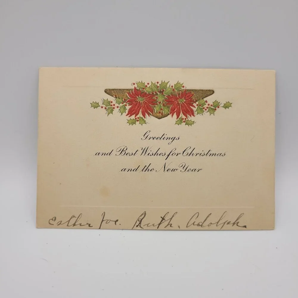 Vintage Christmas Card Esther Ruth Adolph Handwritten Poinsettia Holly 5x3 Inch